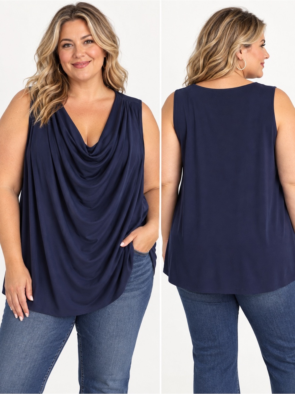 Est. 1946 Plus Size 26/28W Navy Cowl Neck Sleeveless Draped Top